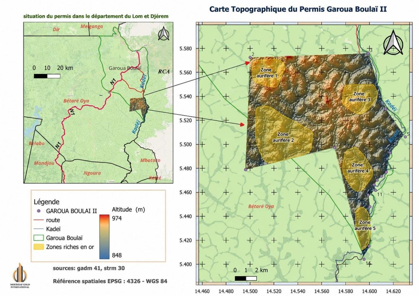 Topographic permit map of Garoua Boulaï II showing the five auriferous zones used in the JORC (2012) conceptual evaluation, Lom-et-Djérem, Cameroon